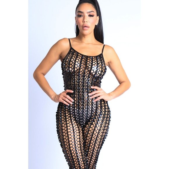 Boutique Pants - Women's Cutting Mesh Hole sleeveless Basic Sexy Bodycon Jumpsuit Small M Large